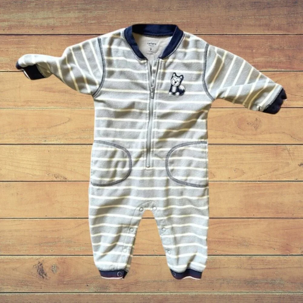 Carter's Winter Sleep Fleece Zip Up Onesie Baby Size 9M Grey Blue White Stripes